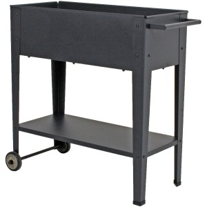 Mobiles Garden Pleasure Hochbeet in Anthrazit aus Metall mit Ablage und Rollen.