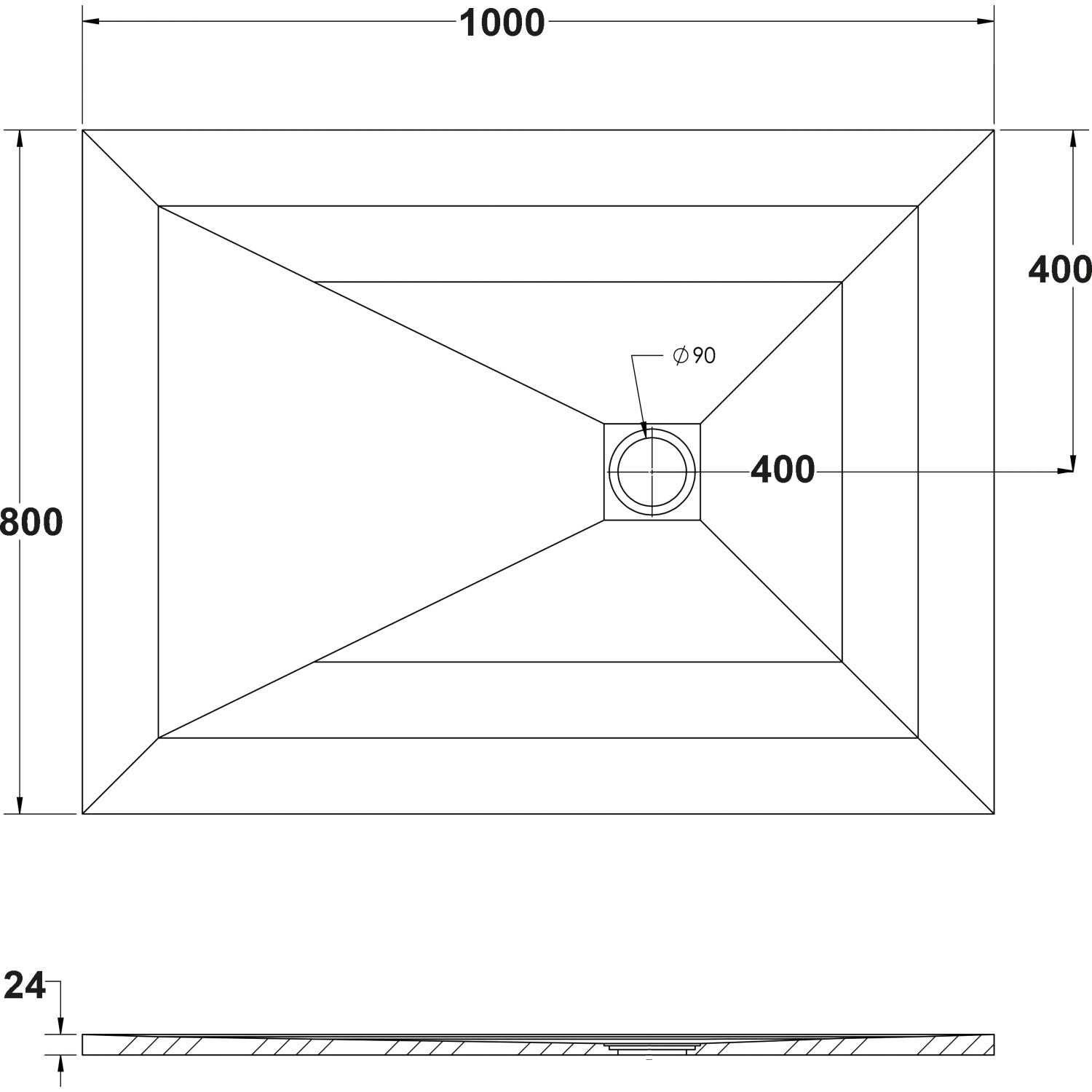 Technische Zeichnung Ottofond Duschwanne Extraflach Strato, 100x80 cm, rechteckig, Ablauf mittig.