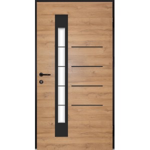 Splendoor Haustür Berlin Prime Woodeffect, Eiche natur mit Glaseinsatz und schwarzen Akzenten.