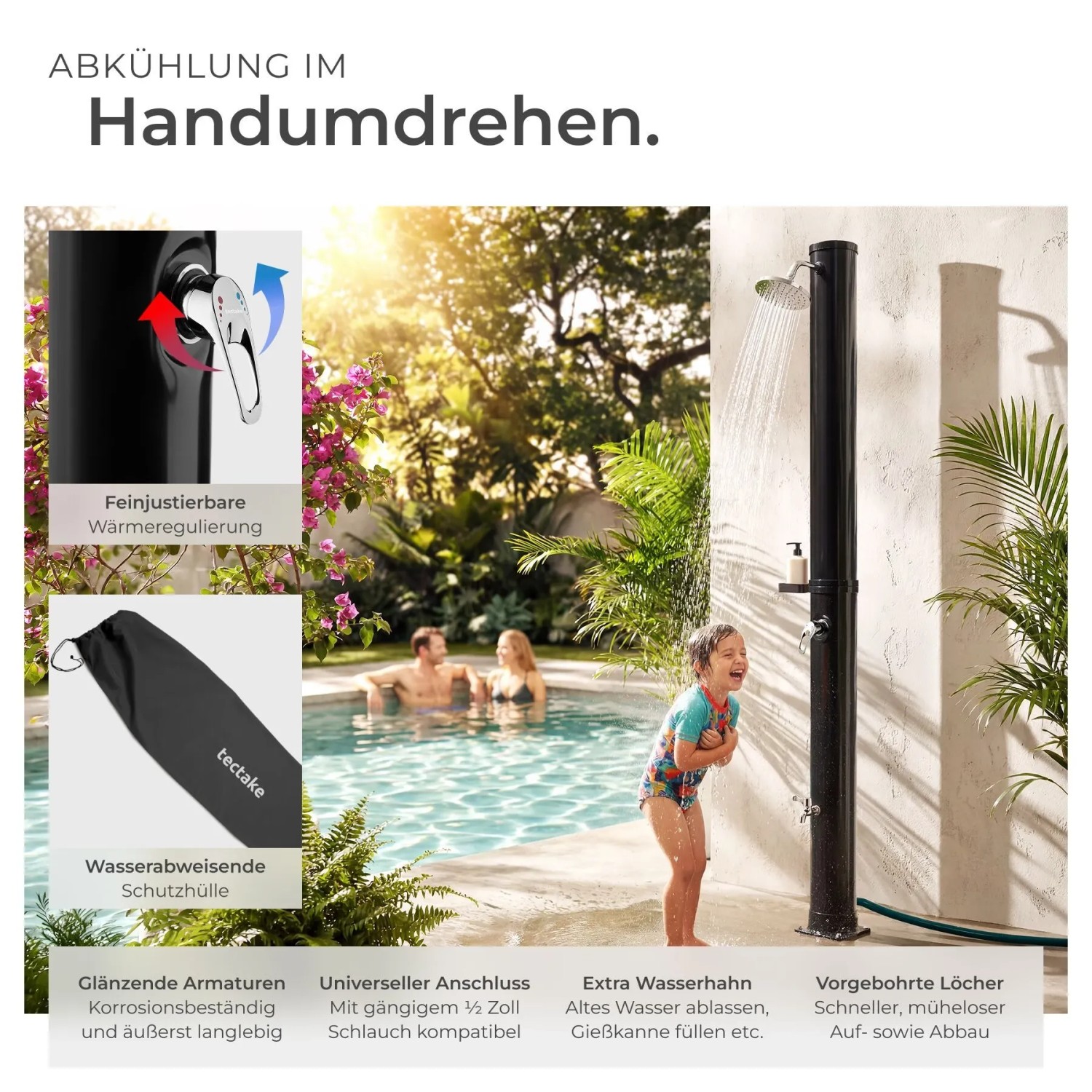 Schwarze Tectake Solardusche Orinoco mit Duschkopf, Seifenablage und Schutzhülle.