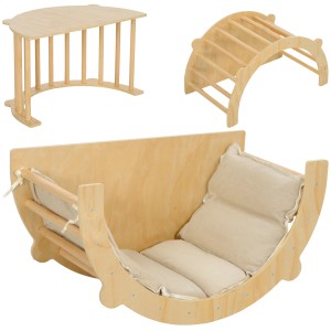 AIYAPLAY 3-in-1 Klettergerüst Set: Kletterbogen, Tisch und Wippe aus Holz mit Kissen.