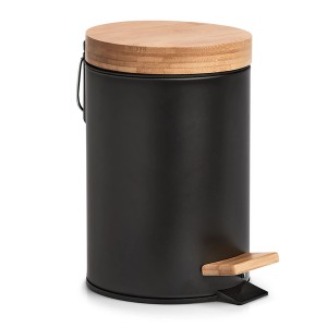 Zeller Kosmetikeimer aus schwarzem Metall mit Bambusdeckel und -pedal, 3 Liter Fassungsvermögen.