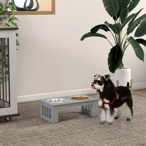 PawHut Hundenapf mit 2 Näpfen erhöht, grau, mit Hund. Futterstation für Hunde.