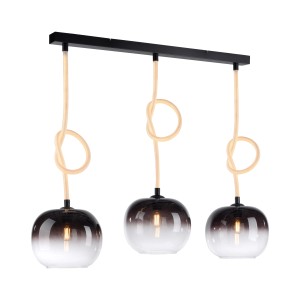 Moderne Paul Neuhaus LED-Pendelleuchte Luma, 3-flammig, schwarz mit Rauchglas und beleuchteten Seilen.