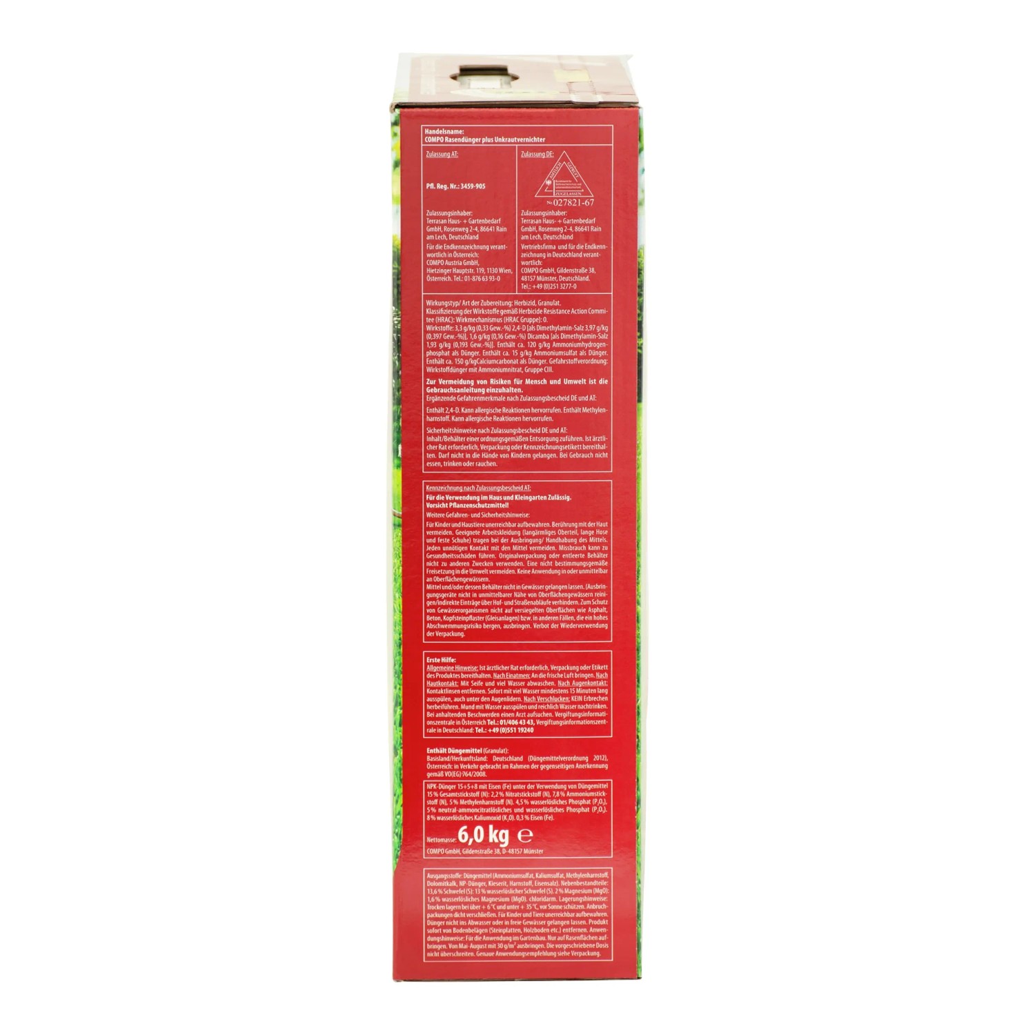 Compo Rasendünger plus Unkrautvernichter, 6 kg Packung für 200 m² Rasenfläche.
