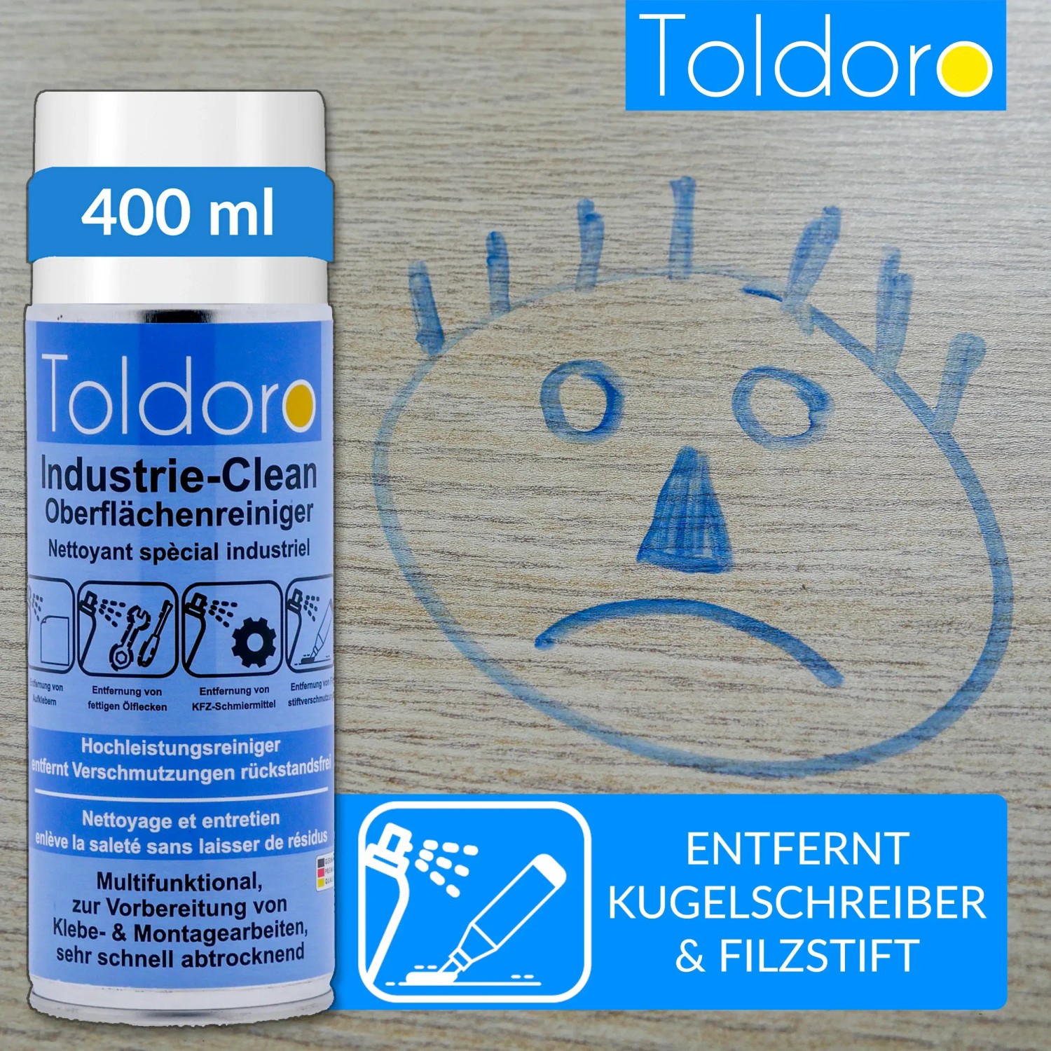 Toldoro Industriereiniger, 6x400ml Spray zur Etiketten- und Klebereste-Entfernung. Maschinenreiniger.