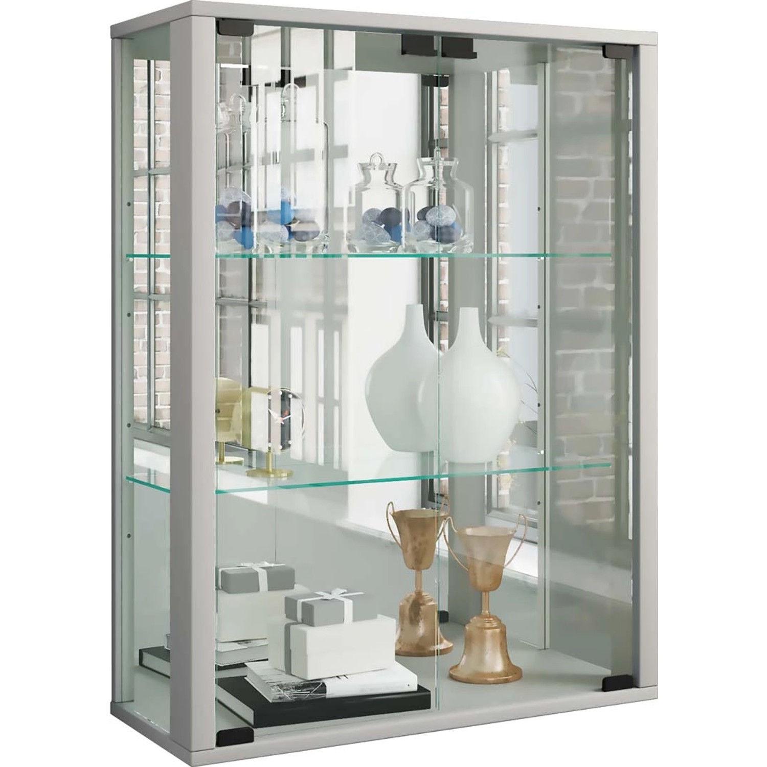 ebuy24 Udina Vitrinenschrank Wandhängend mit Spiegel 2 Glastüren Silberfarb günstig online kaufen