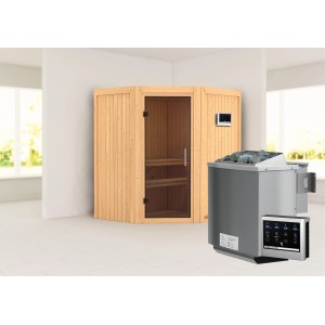 Karibu Sauna Tjorven mit Bio-Ofen, Glastür Graphit und LED-Dachkranz. Massivholzsauna für entspannte Stunden.