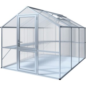Freistehendes KGT Gewächshaus Alu blank 7,53 m² mit Tür und Dachfenster.