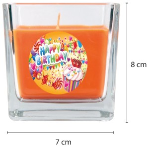 Viereckige Duftkerze im Glas mit "Happy Birthday" Motiv, Duft Honigmelone Cupcake.