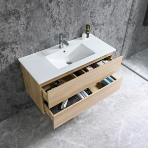 Sanotechnik Einzelwaschtisch Corbo 100 cm, braun matt, mit offen Schubladen und Badutensilien.