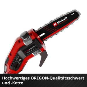 Roter Einhell Professional Akku-Hochentaster mit OREGON Schwert und Kette. Brushless Technologie für Baumschnitt.