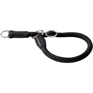 Schwarze Retrieverleine aus robustem Seilmaterial mit Lederapplikationen und Metallringen.