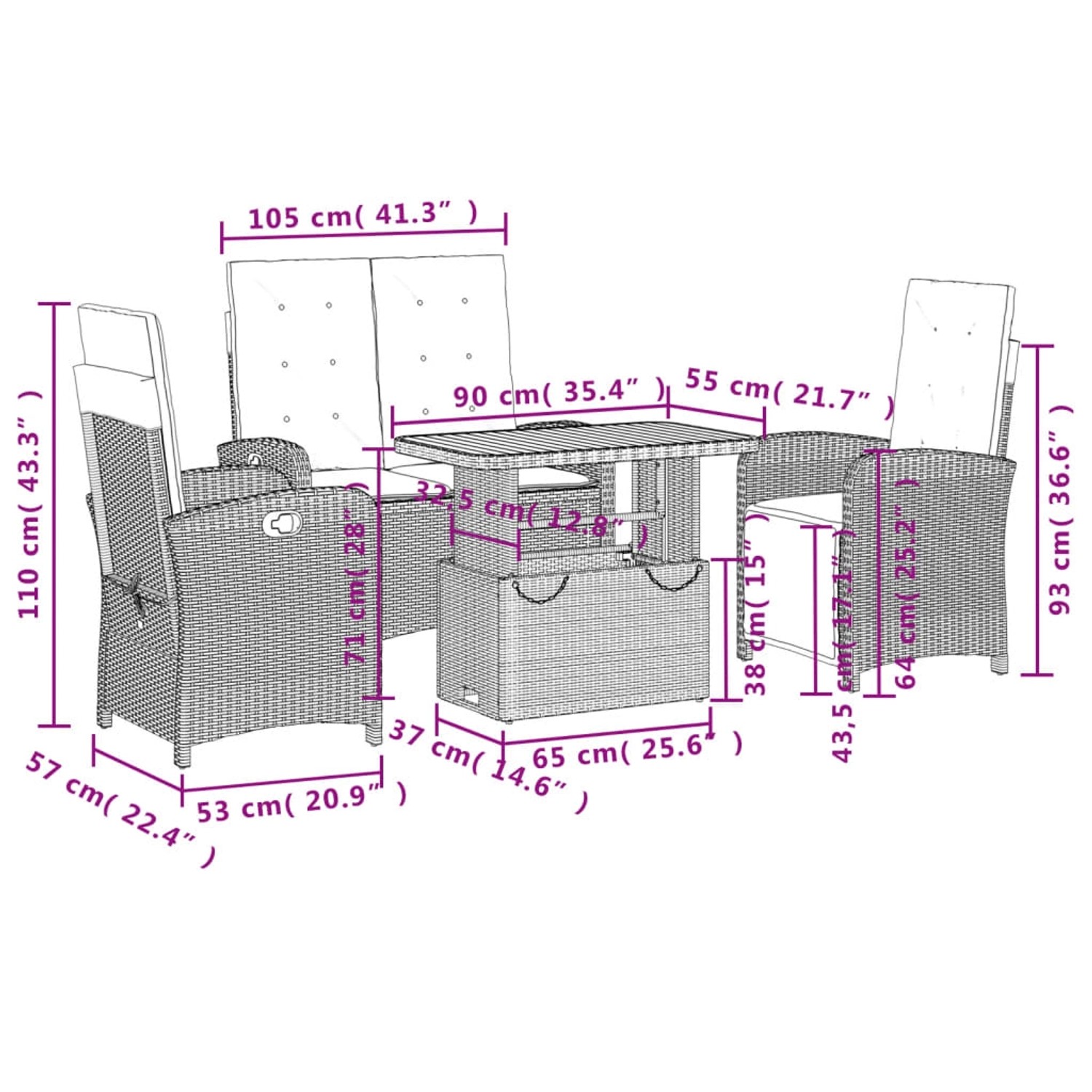4-tlg. Garten Essgruppe vidaXL aus grauem Polyrattan mit Kissen.