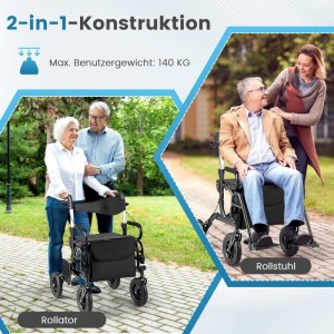 Costway Rollator mit Luftbereifung, als Rollstuhl nutzbar, max. 140 kg belastbar.