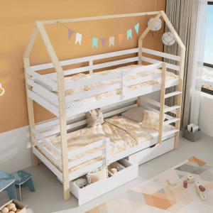 KOMHTOM Doppelbett 90x200Cm Kinderbett In Hausfürm Mit Schubladen Kiefernholz Haus Bett für Kids Weiß+Holzfarbe Ohne Matratze