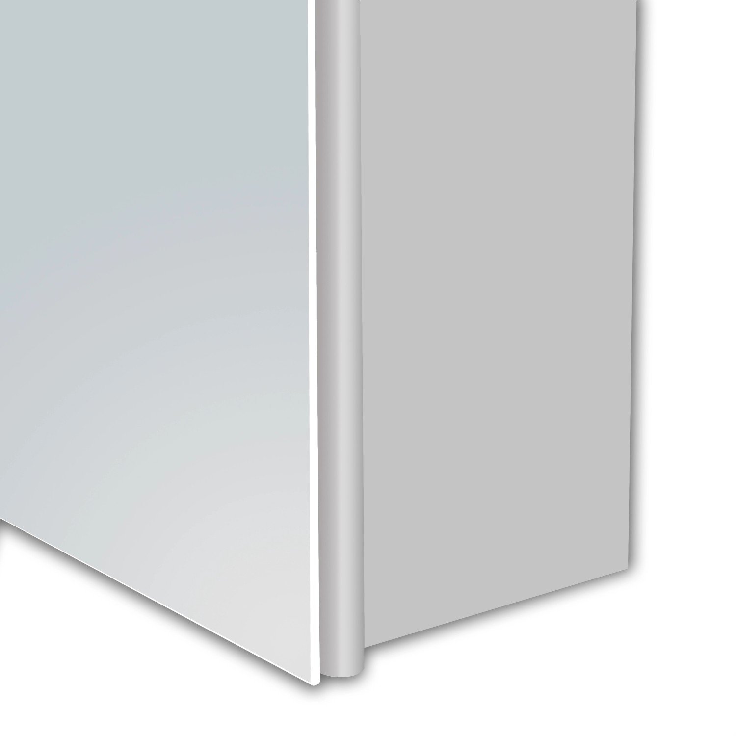 Detailaufnahme: DSK Spiegelschrank Aluminio Vegas, alufarben, Ecke des Schranks.