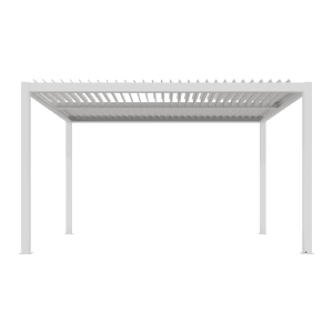 Weiße Ximax Pergola Shade aus Aluminium, 300x400 cm, mit elektrischem Lamellendach und Beleuchtung.