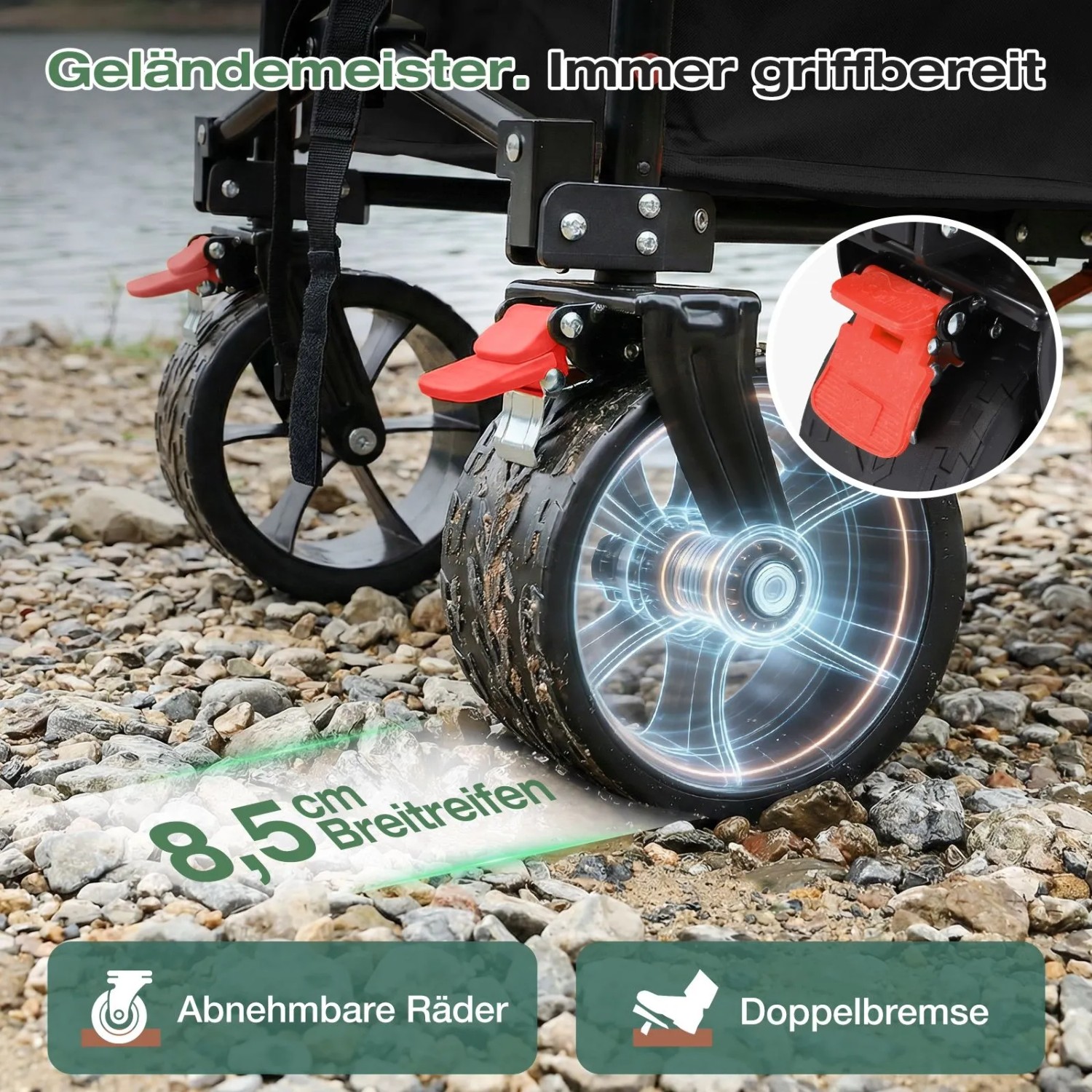 Sekey Bollerwagen mit breiten Reifen und Bremse für Camping und Transport.