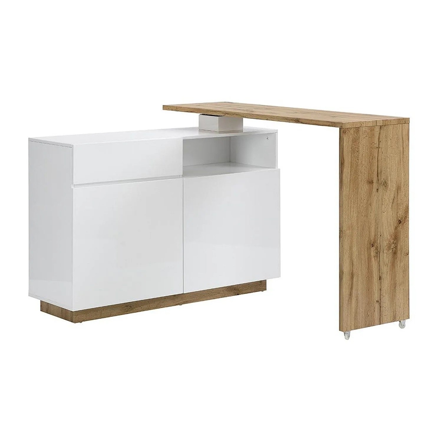 Modernes, weißes Barmöbel Eldir mit glänzenden Türen und drehbarer Bartischplatte in heller Holzoptik.