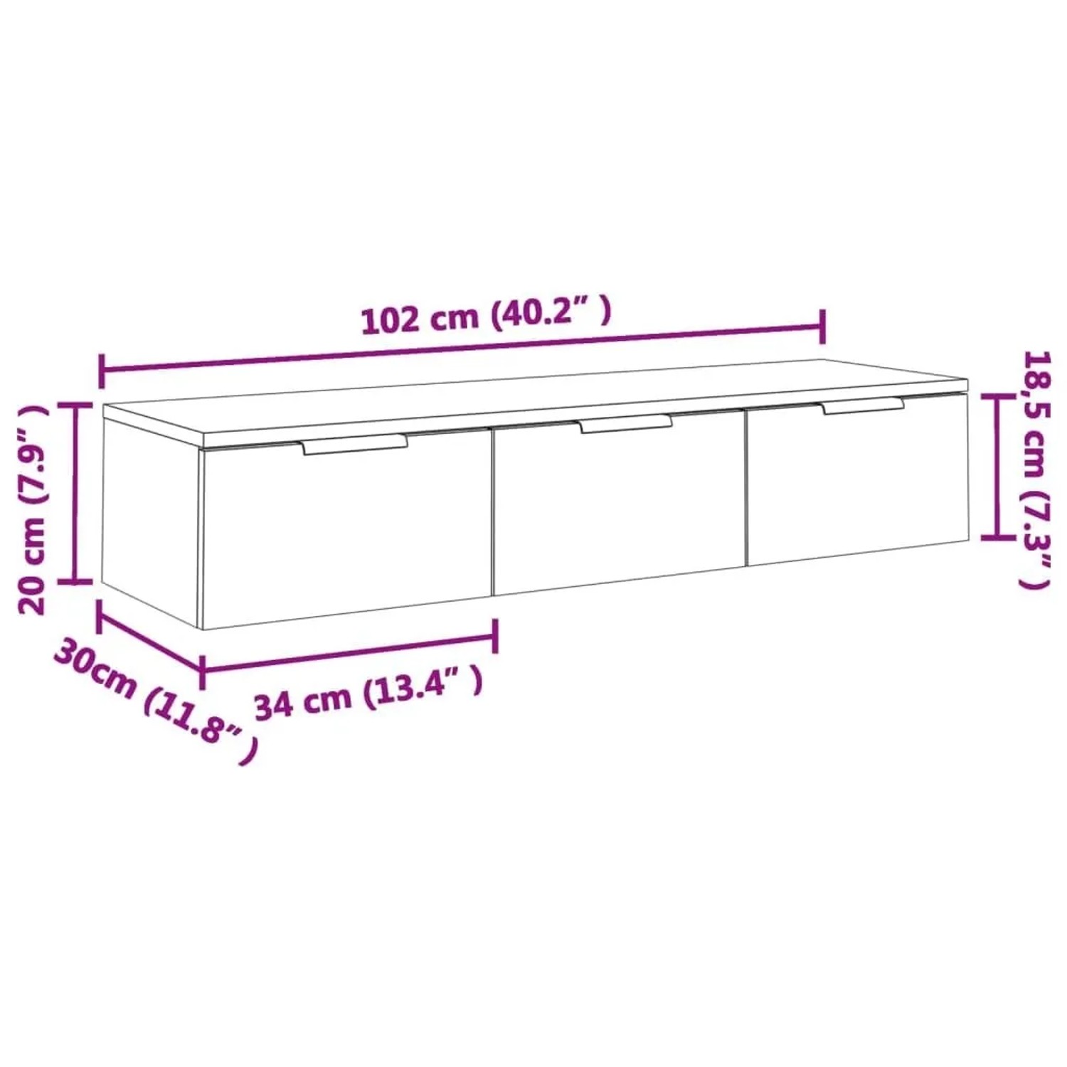 vidaXL Wandschrank Sonoma-Eiche, 102x30x20 cm, Holzwerkstoff, 3 Schubladen. Maße und Design.