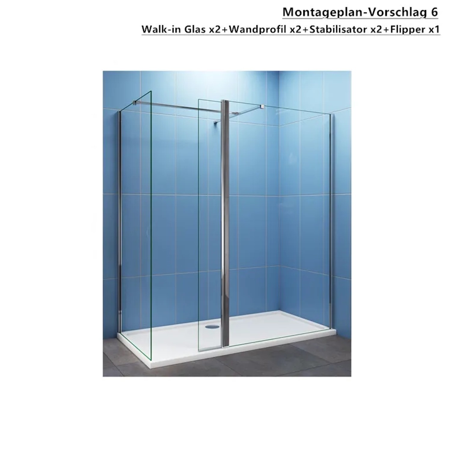Walk-In Dusche mit Klarglas Seitenwand und Stabilisierungsstange, Montagebeispiel.