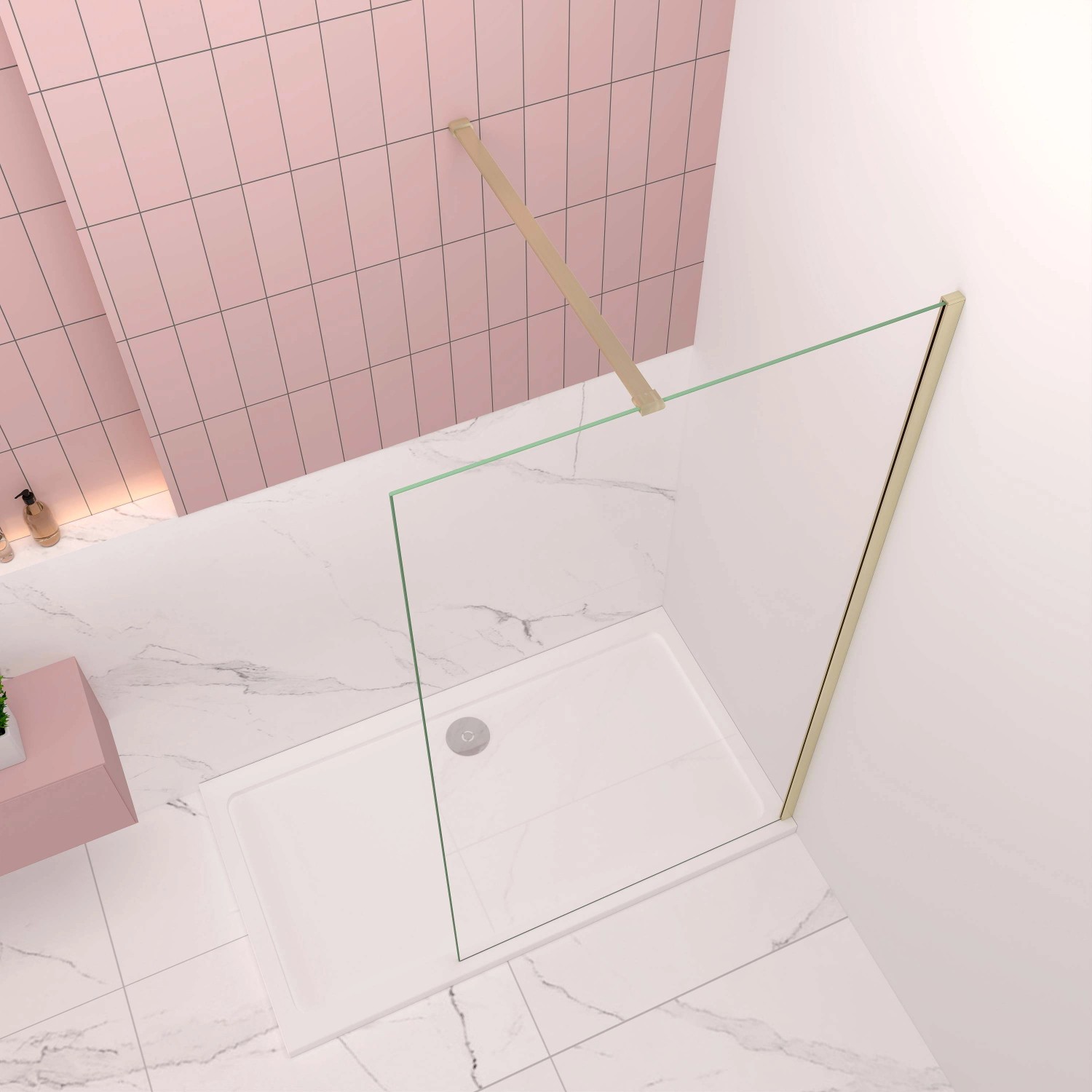 AICA Walk-In Dusche 160x200cm mit goldener Stabilisierungsstange und Duschwanne.