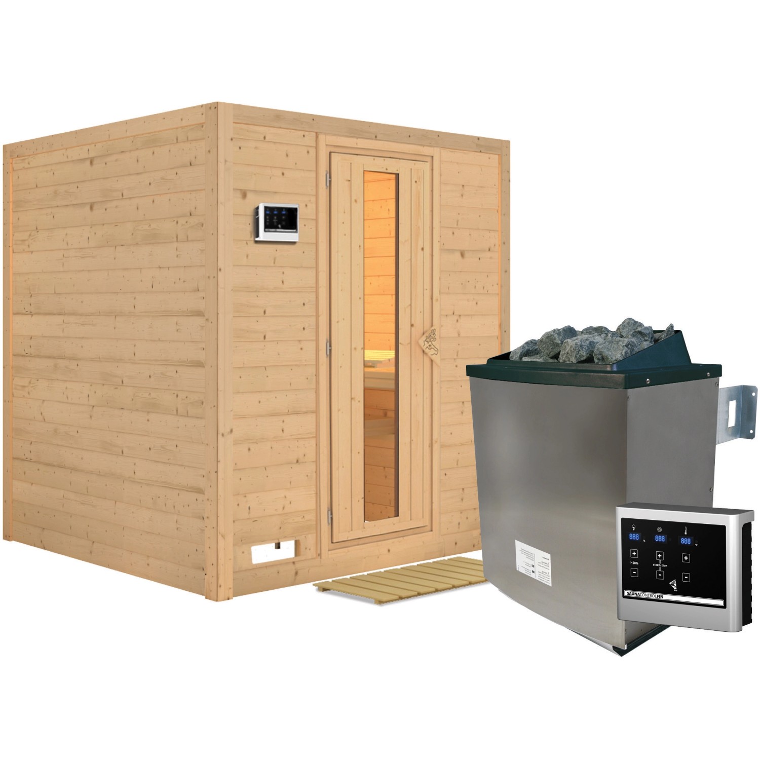 Karibu Sauna Marika mit Ofen und externer Steuerung aus naturbelassenem Fichtenholz.