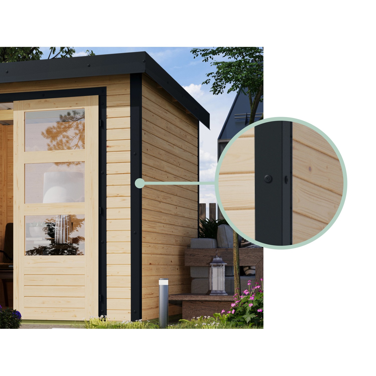 Detailansicht Karibu Gartenhaus Set Ernesto B, terragrau-anthrazit, mit Stahlecken und Holzwand.