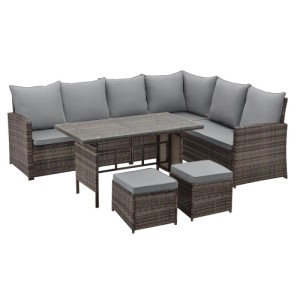 Braunes Polyrattan Garten-Lounge Set mit Ecksofa, Tisch und zwei Hockern. Graue Kissen. Ideal für Gartenmöbel.
