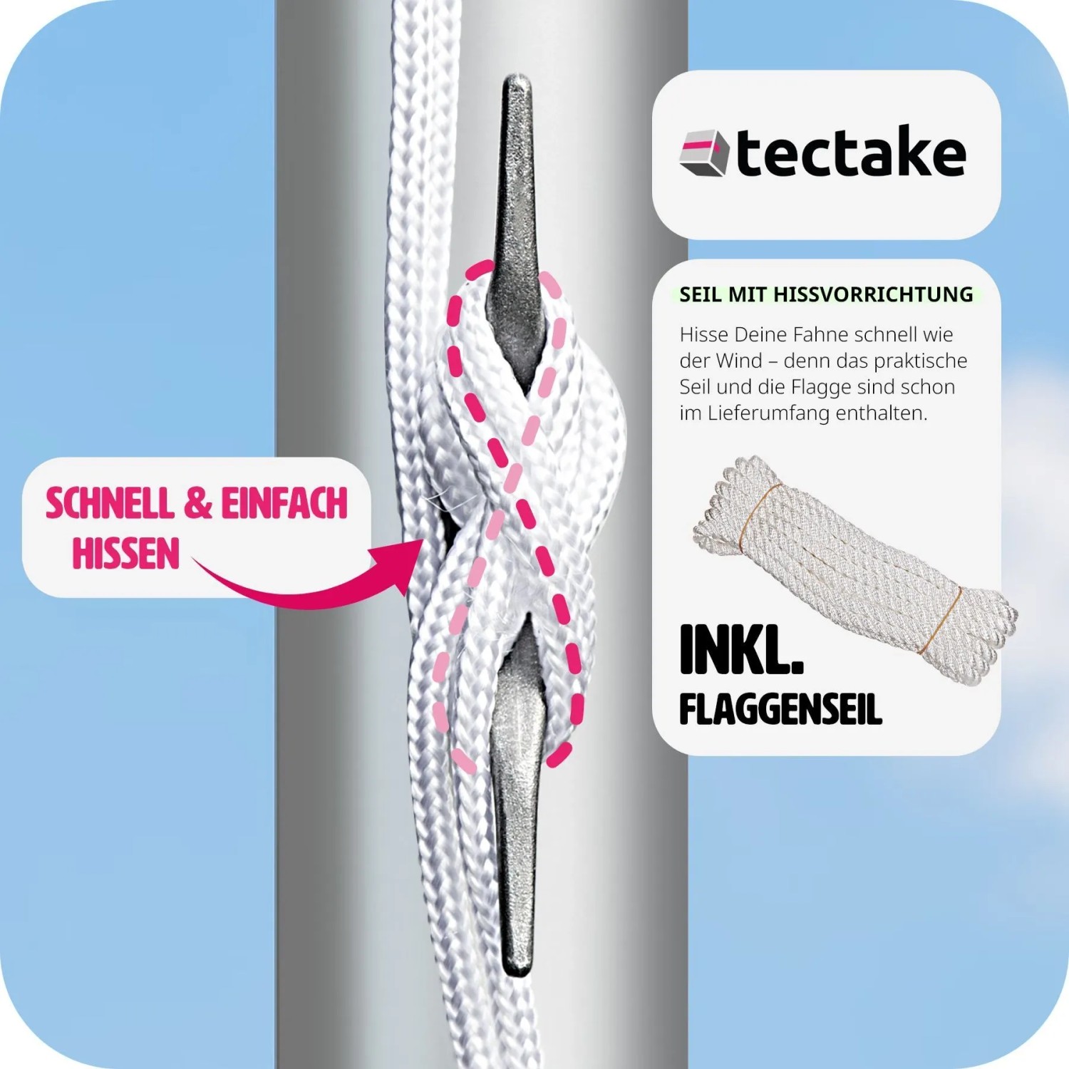 Detailaufnahme: Hissvorrichtung mit Seil am Tectake Aluminium Fahnenmast. Inkl. Flaggenseil.