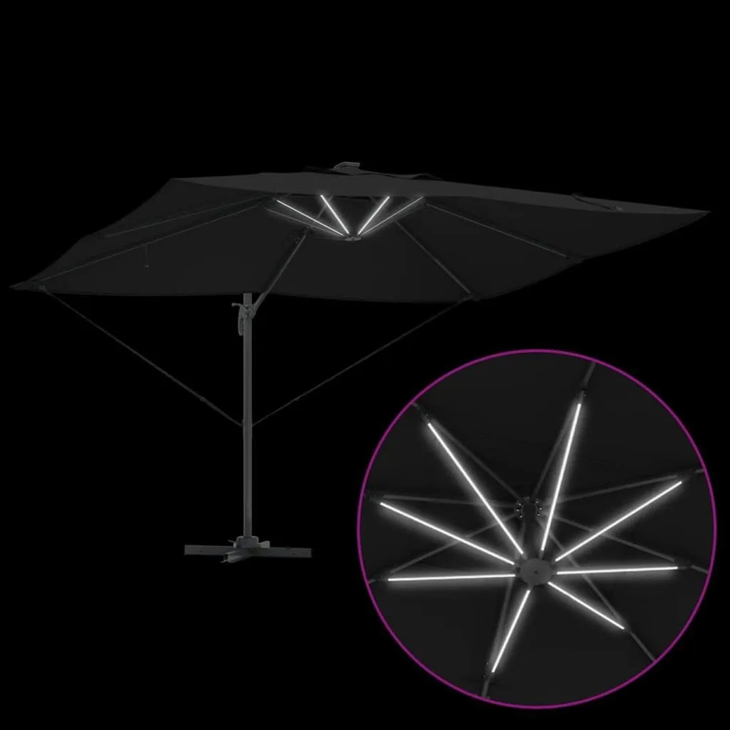 Schwarzer vidaXL Ampelschirm Roma mit LED-Beleuchtung für Garten und Terrasse.