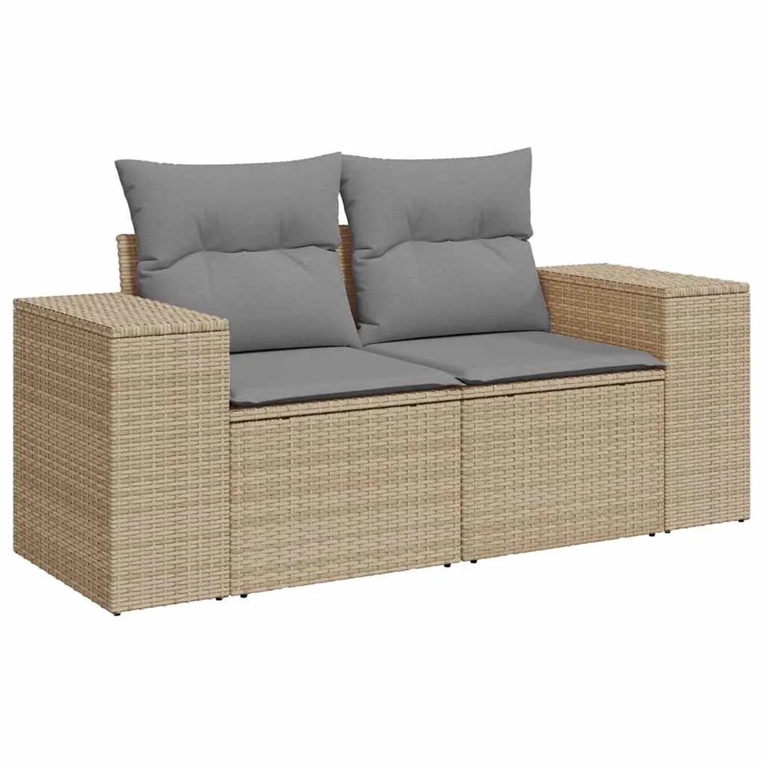 Beige 4-tlg. Garten-Sofagarnitur aus Rattan mit grauen Kissen. Gemütliche Gartenmöbel für Terrasse und Garten.