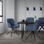 Blauer, drehbarer ML-Design Esszimmerstuhl mit Webstoffbezug, Arm- und Rückenlehne.