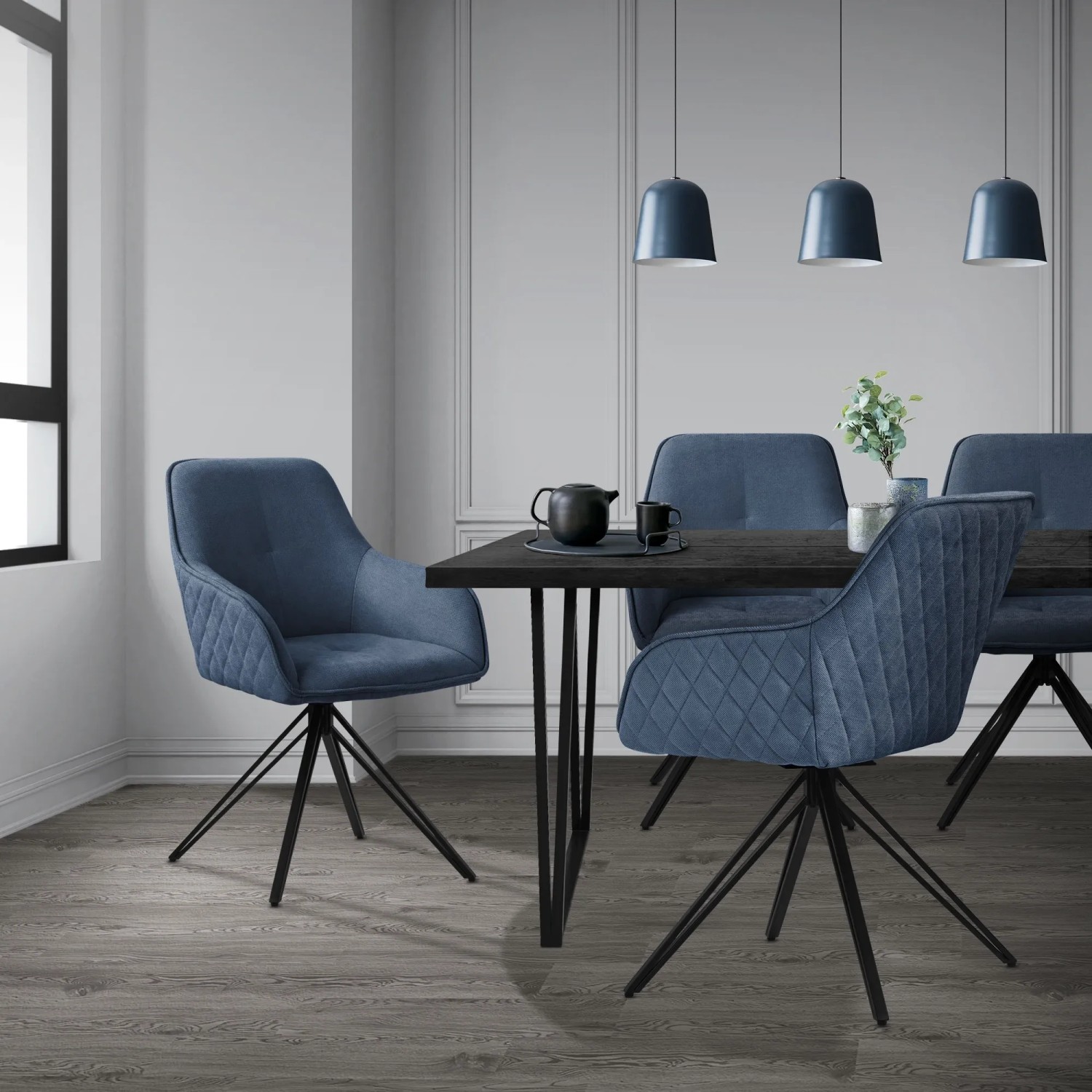 Blauer, drehbarer ML-Design Esszimmerstuhl mit Webstoffbezug, Arm- und Rückenlehne.