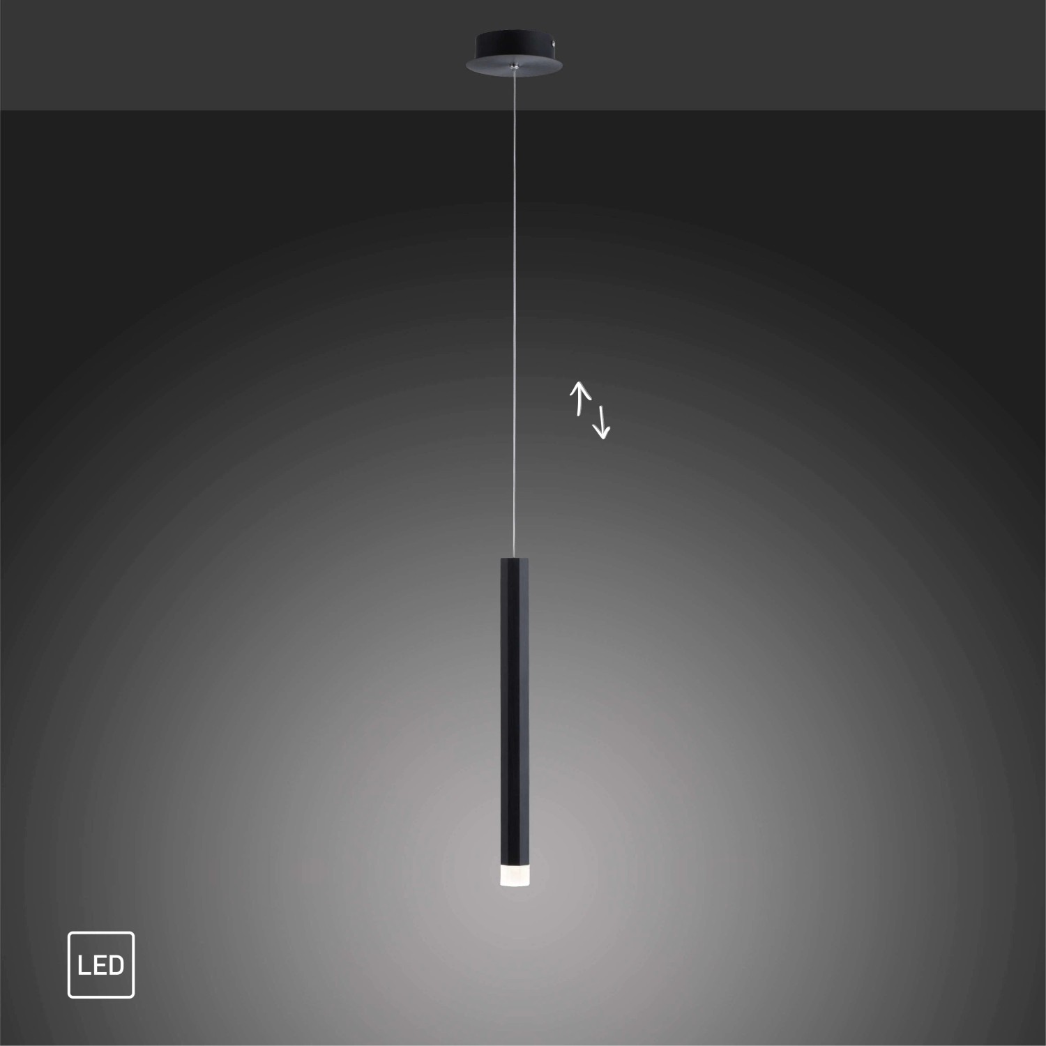 Schwarze LED-Pendelleuchte Bruno, schlankes Design, höhenverstellbar, warmweißes Licht.