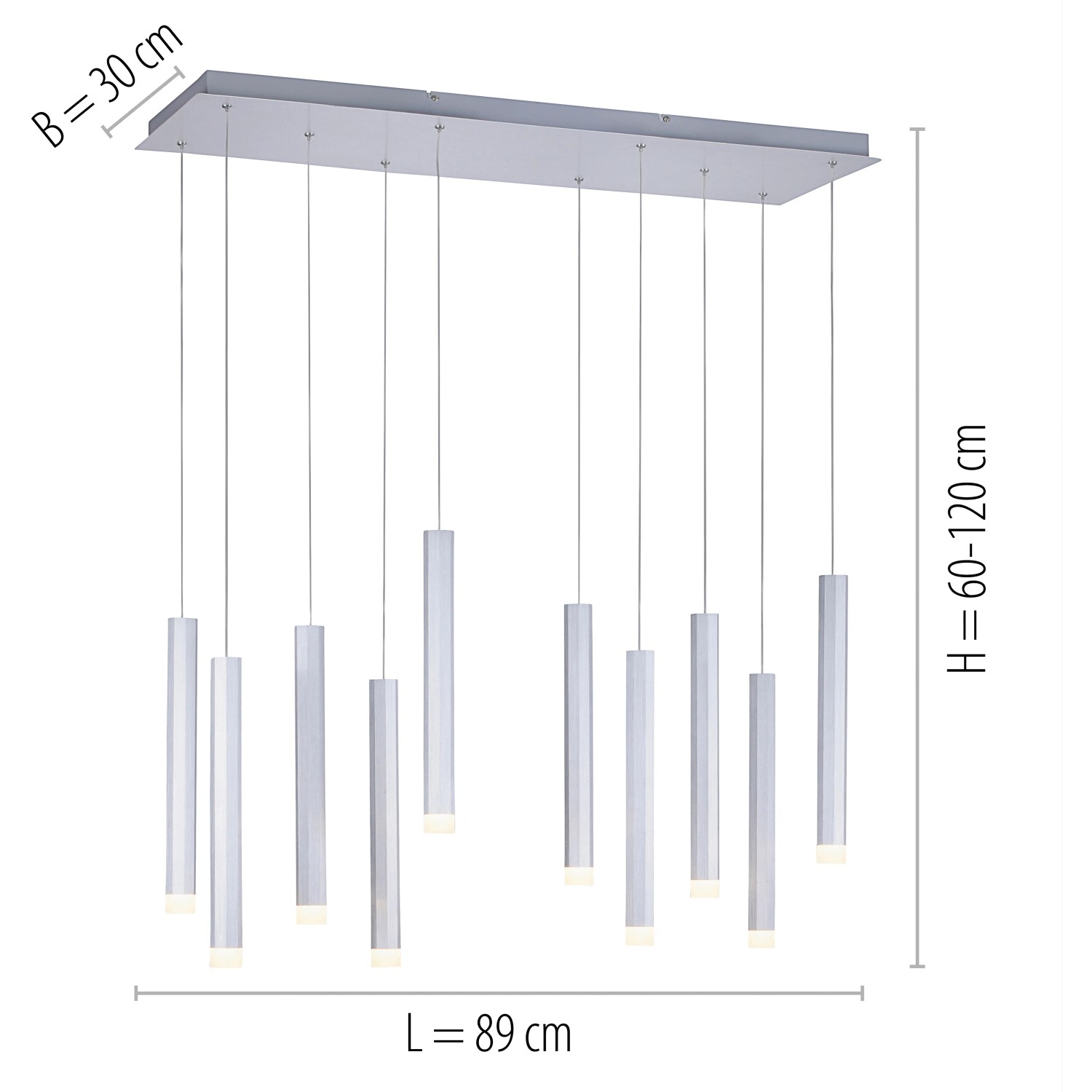 Moderne LED-Pendelleuchte Bruno, 10-flammig, aus Aluminium. Schlankes Design für Wohnräume.