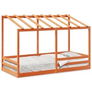 Wachsbraunes Kinderbett mit Dach, 90x200 cm, aus massivem Kiefernholz.
