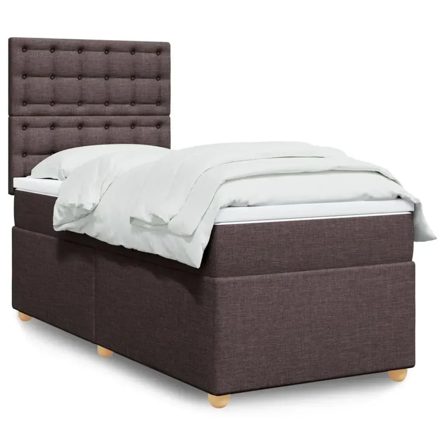 Dunkelbraunes vidaXL Boxspringbett 90x190 cm mit Matratze und gepolstertem Kopfteil.