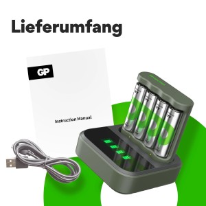 GP Akku-Ladegerät B441 mit 4 AA Akkus (2100 mAh) und USB-Kabel. Inklusive Bedienungsanleitung.
