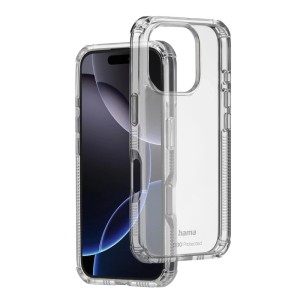 Transparente Hama Handyhülle Extreme Protect für Apple iPhone 16 Pro mit verstärkten Ecken und D3O-Schutz.