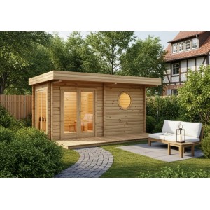 Finntherm Gartensauna Enns-70 aus Fichte, naturbelassen, mit Flachdach und Terrasse.