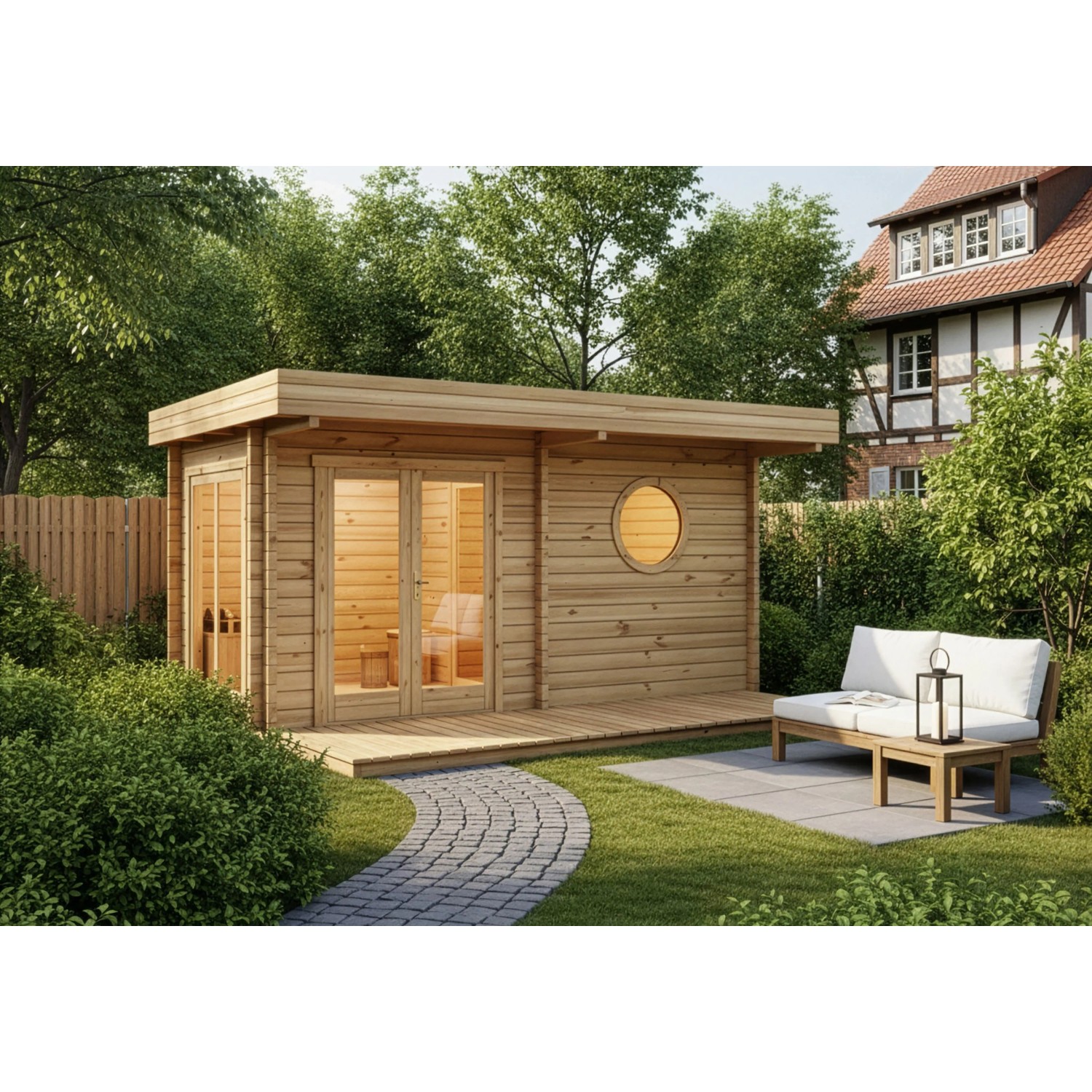 Finntherm Gartensauna Enns-70 Naturbelassen 508 cm x 354 cm Wandstärke 70 mm