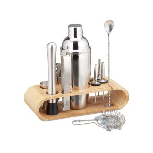 11-teiliges Cocktailset aus silbernem Edelstahl mit Bambus-Ständer, Shaker, Barmaß und weiterem Barzubehör.
