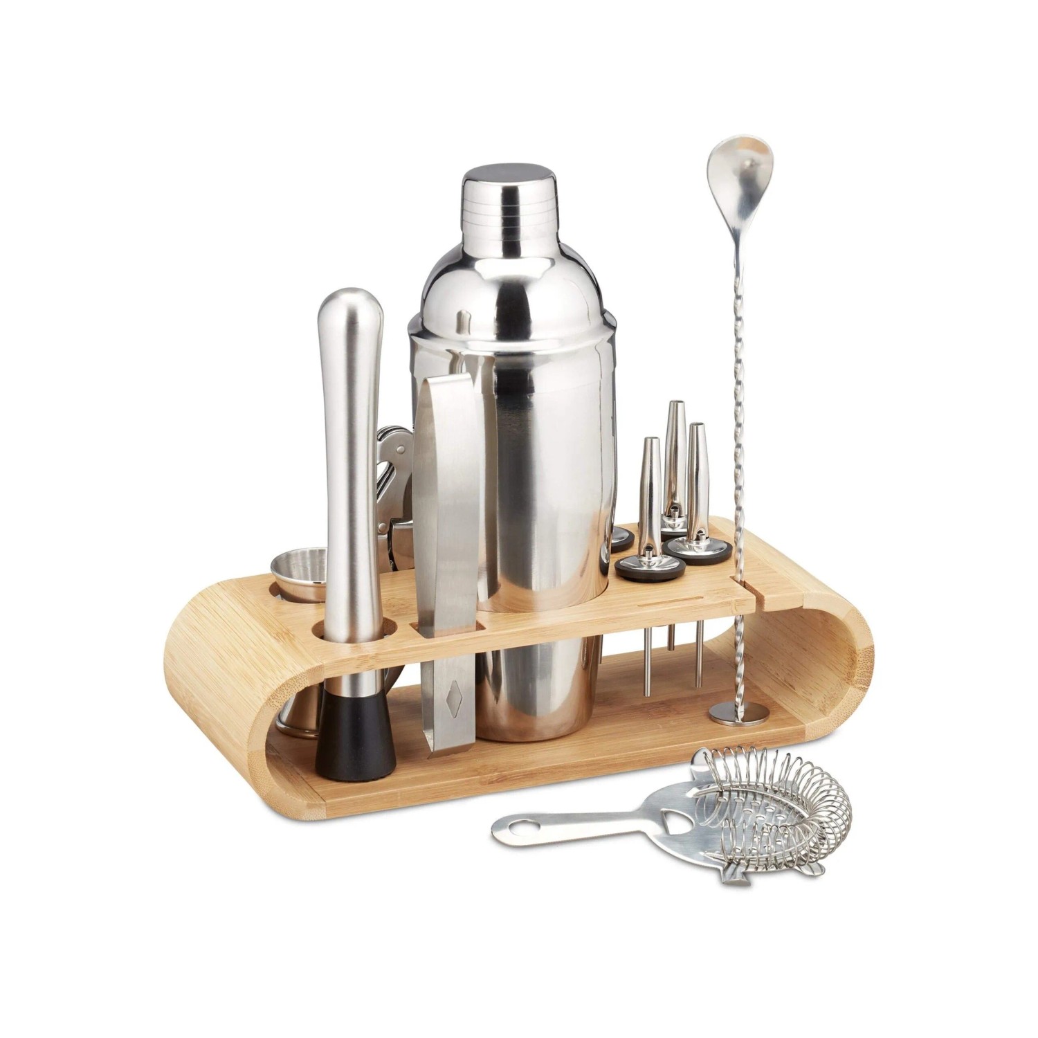 Relaxdays Cocktailset Edelstahl Bambus Silber 11 Tlg. mit Ständer 890 g