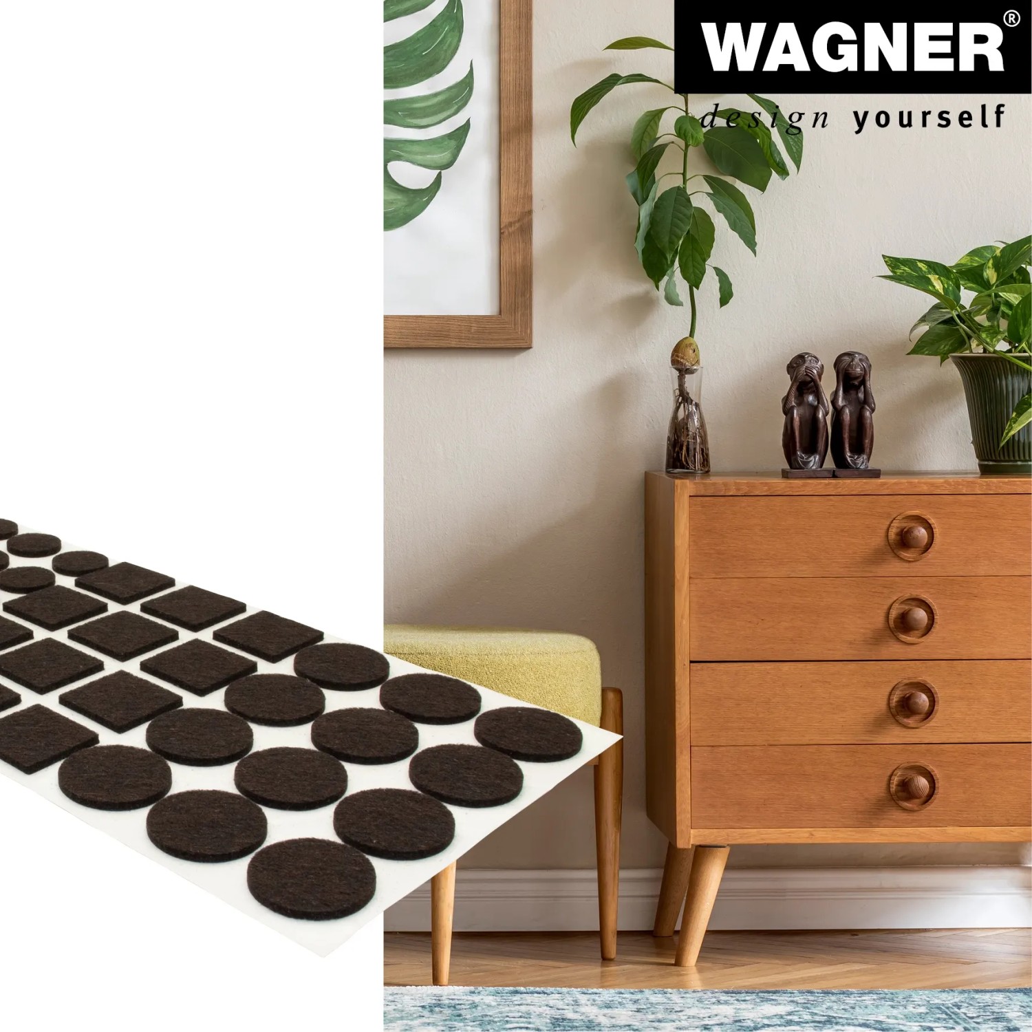 Wagner Filzgleiter Promotionpack, 44 selbstklebende Möbelgleiter in Braun, verschiedene Formen.