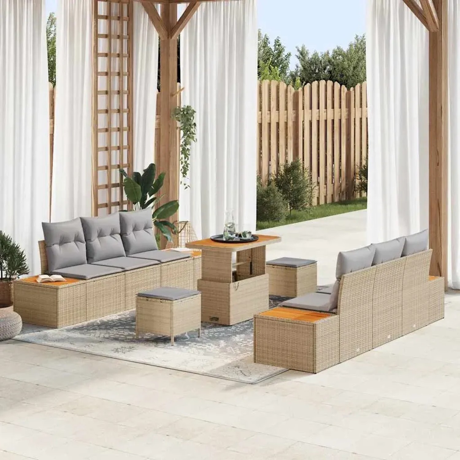 Beiges 9-teiliges vidaXL Garten-Sofa-Set aus Poly Rattan mit Kissen für Terrasse und Garten.