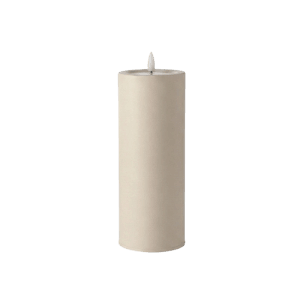 Cremefarbene, zylindrische LED-Outdoor-Kerze Niumi aus Metall mit flackerndem warmweißem Licht.