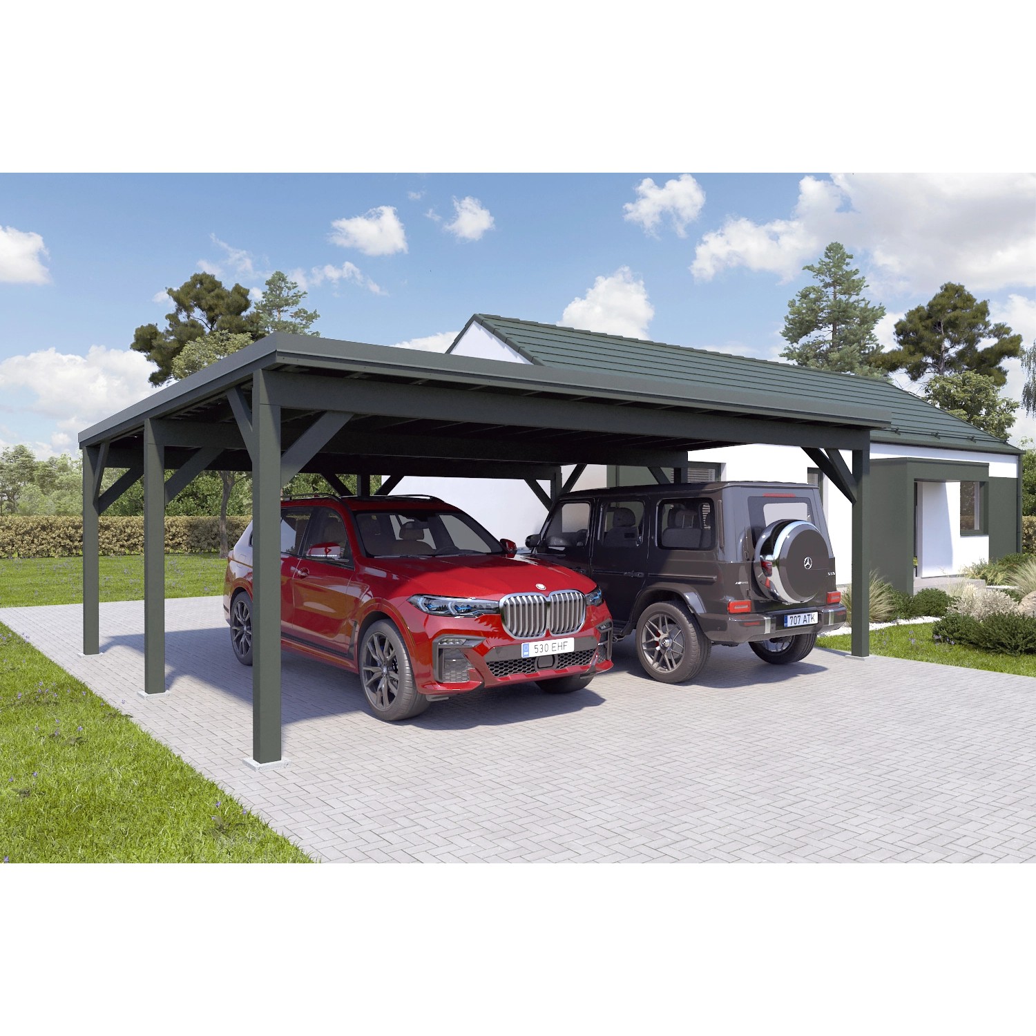 Holzbrüder Carport Ralf 42m² 150kg/m² Chromoxidgrün-Dornengrün günstig online kaufen