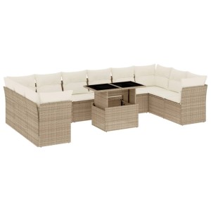 Beige 11-tlg. Garten-Sofagarnitur aus Poly Rattan mit Tisch und Kissen für Terrasse und Garten.